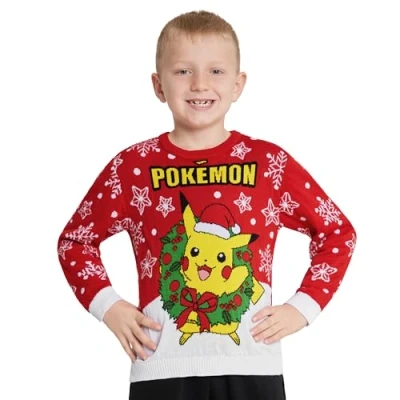 Afbeelding van Pokemon Kersttrui voor kinderen, jongens, Kerstmis, trui, gebreid, kersttrui, uniseks, Bulbizarre Pikachu, 4 14 jaar, Rood
