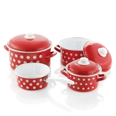 Afbeelding van 4 delig Pannenset, geëmailleerd staal, Rood met witte stippen/Ideaal voor de traditionele keuken, Nikkel vrij