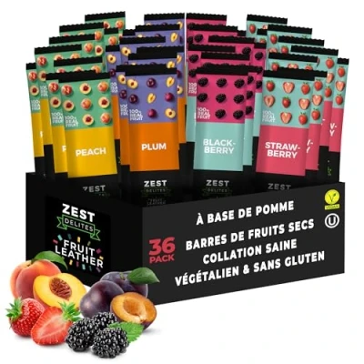 Image de Zest Delites Fruits Secs, Pate de Fruit, Collations Sans Gluten, Bonbons Aux Végétaliens, Collation Sains, Fruit Roll Ups 4 Saveurs, Pêche, Prune, Baie Et Fraise 36x25g