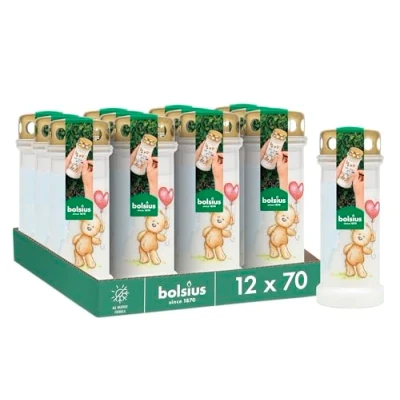 Afbeelding van Bolsius Graflicht Wit met Teddy Bear Print 12 stuks 70 branduren 3 Dagen Herdenkingslicht