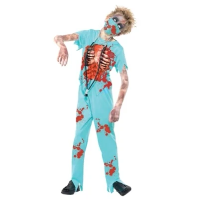 Afbeelding van Smiffys Zombie chirurg kostuum blauw met broek bovenstuk masker &amp; stethosc