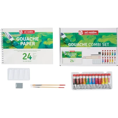 Afbeelding van Gouache set 12 kleuren ml tubes plakkaatverf met penselen, papier, potlood, kneedgum en mengschaal dekkende waterverf