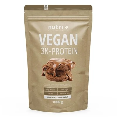 Afbeelding van nutri+ Vegan 3K Protein Eiwitpoeder Cookies &amp; Cream Veganistisch proteïne poeder met proteïnen uit soja, erwten en zonnebloem lactosevrij glutenvrij 1000 g