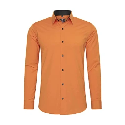 Afbeelding van Rusty Neal Herenoverhemd premium slim fit lange mouwen stretch contrast overhemd business overhemden vrijetijdshemd, Oranje, S