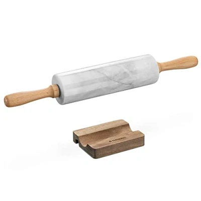 Afbeelding van Navaris wit marmeren deegroller met standaard Houten handvatten Voor keuken, bakken, deeg en fondant Gemarmerd witte roller