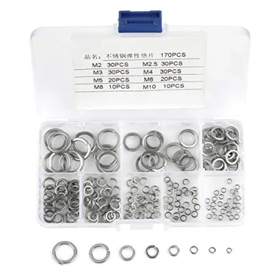 Afbeelding van 180 stuks, 8 maten, assortiment veersluitringen van roestvrij staal 304, veersluitringen, set M2, M2,5, M3, M4, M5, M6, M8, M10