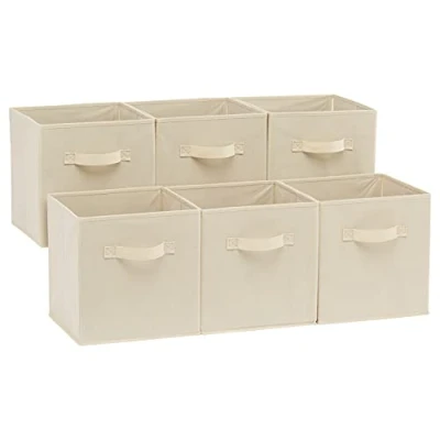 Afbeelding van Amazon Basics Set van 6 opvouwbare stoffen opbergkubussen met handgrepen, 26,6 x 27,9 cm, effen beige