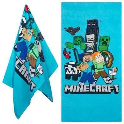Afbeelding van Minecraft Strandhanddoek voor kinderen, 100% katoen, sneldrogend, 70 x 140 cm, essentieel de vakantie