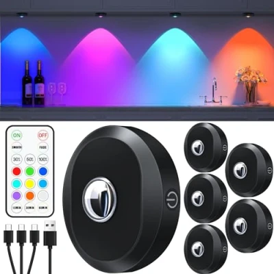 Afbeelding van WILLED Set van 6 USB oplaadbare RGB led spots met afstandsbediening, kleurverandering, magnetisch, dimbaar, kastverlichting, vitrinelicht, draadloos, functie