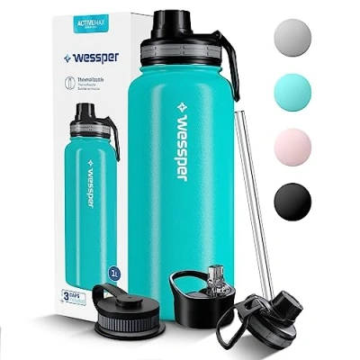 Afbeelding van Wessper Thermische drinkfles van roestvrij staal, 1 l, lekvrij, thermosfles, BPA vrij, met 3 deksels, elegante marinefles, sport, thermosfles voor kinderen, volwassenen, camping