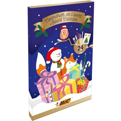 Afbeelding van BIC Cadeau Schrijfwaren 24 delige Winter Adventskalender Pennen Kleurpotloden Kleurstiften Lijm en Stickers