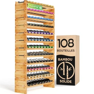 Afbeelding van NutriChef Bamboe Stapelbaar Wijnrek, 12 Lagen, Capaciteit 108 Flessen, Vrijstaand op de Vloer, Montage zonder gereedschap, Modulaire Opbergplank voor Keuken en Kelder, 85 cm x 25,4 159,4