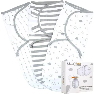 Afbeelding van Mama Cheetah Set van 3 inbakerdekens voor pasgeborenen en zuigelingen, verstelbaar, babydeken, uniseks, zacht biologisch katoen, maat L (3 6 maanden), grijs