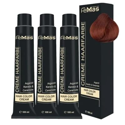 Image de FemMas Lot de 3 teintures pour cheveux, crème professionnelle à l&#039;huile d&#039;argan, kératine, céramides, coloration permanente, résultats couleur éclatant et durable, blond moyen, cuivre 7.4, 100 ml.