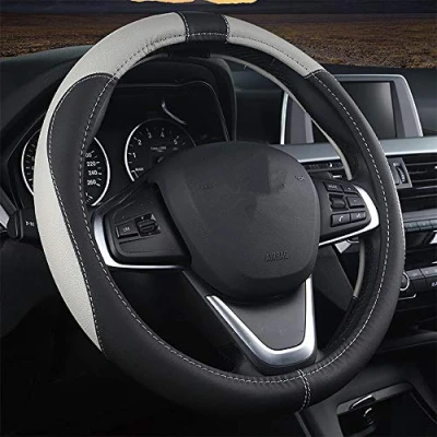 Afbeelding van coofig stuurhoes van PU leer, duurzaam, universeel, 38 cm, voor auto, ademend en antislip, dames heren (zwart/grijs)