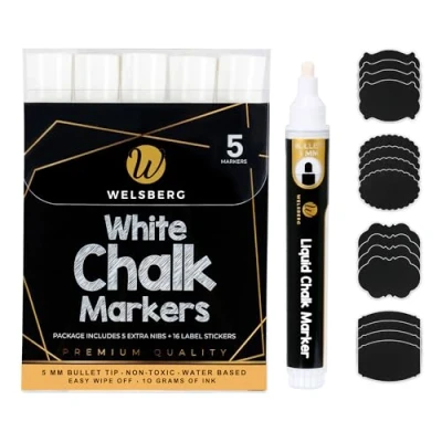 Afbeelding van Welsberg krijtstiften, wit, 5 stuks, mm, vloeibare met 16 etiketten en extra punten, krijtmarker, afwasbaar, voor zwarte borden, ramen, glas, 10 g inkt