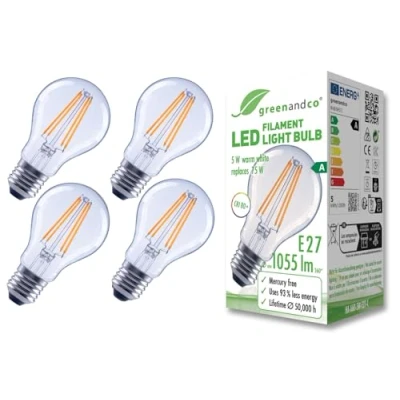 Afbeelding van greenandco 4 x transparante led filamentlampen, E27 A60, 5 W, 1055 lm, vervangt 75 2700 K, warmwit, 320 graden, 230 V, flikkervrij, energieklasse A, niet dimbaar