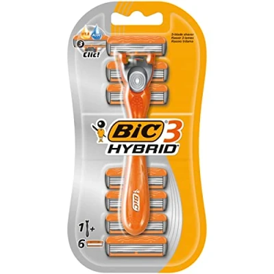 Afbeelding van BIC 3 hybride scheerapparaten met drie mesjes voor heren, lange gebogen handgreep eenvoudige grip, set 1 en 6 navullingen