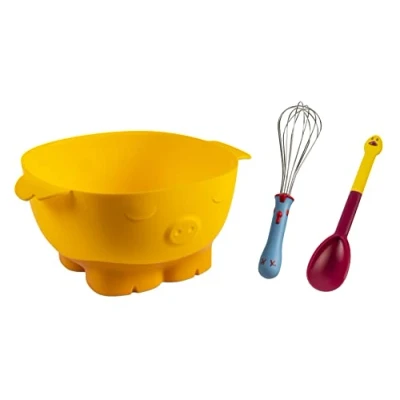 Afbeelding van KUHN RIKON Set van 3 mengkommen, garde, menglepels voor kinderen, met diermotieven, geel, rood en blauw