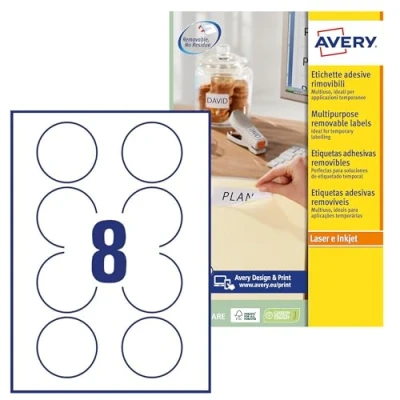 Afbeelding van Avery Verpakking met 200 afneembare ronde witte etiketten Ø 63,5 mm inkjet of laser (L4852REV 25)