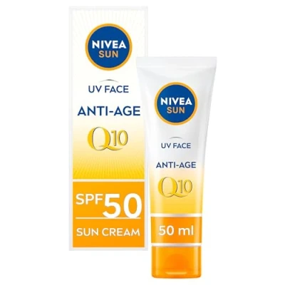 Afbeelding van NIVEA uv Face SPF50 Q10 anti aging, 0% witte resten (50 ml), zonnebrandcrème voor het gezicht, crème aging met SPF50, verpakking kan variëren