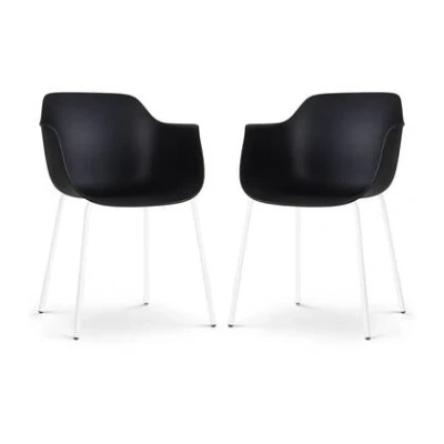 Afbeelding van Nolon Nora Puk Eetkamerstoelen Set van 2 Zwart met Armleuning Kunststof Wit Metalen Poten Kuipstoel