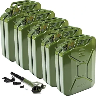 Afbeelding van Oxid7 5 stuks + schenktuit 20 liter jerrycan, metalen met VN goedkeuring, constructie getest, geglazuurd, Jerry Can bajonetsluiting, olijfgroen