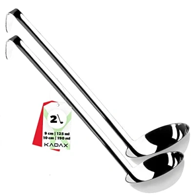 Afbeelding van KADAX Hoogwaardige roestvrijstalen pollepel, pollepel met standaard, sauslepel lange en ergonomische handgreep, schenklep, keukengerei, zilver (set: 125 + 190 ml)