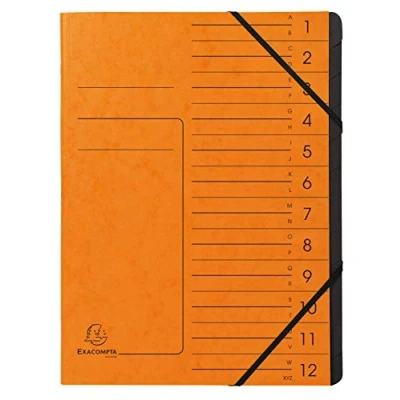 Afbeelding van Exacompta Ref. 541204E 1 Sorteermap met vaste rug en elastosluiting cover gedrukt in glanzend karton binnenin zwart gerecycleerd 12 vakken afm 24,5x 32 cm A4 kleur oranje
