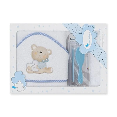 Afbeelding van Interbaby Badcape 400 g/m² katoen badstof + borstel/kam model Love You wit/blauw 100 x cm