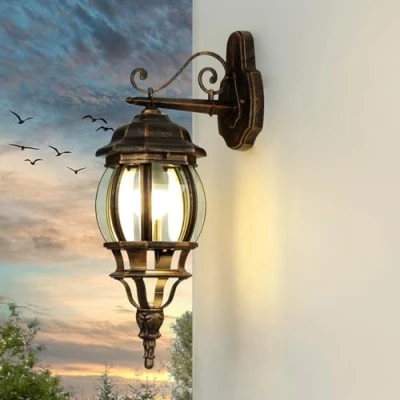 Afbeelding van Licht Erlebnisse Terraswandlamp voor buiten, zwart, antiek koper, IP44, E27, H: 54 cm, rustieke buitenlamp, vintage antieke buitenwandlamp