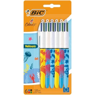 Afbeelding van BIC Set van 6 fluwelen balpennen, 4 kleuren, medium punt (1,00 mm), thema zeeleven 3 verschillende motieven