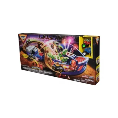 Afbeelding van Monster Jam Supercharge Speedway speelset met Megalodon en El Toro Loco trucks op schaal 1:64 World Finals racebaan lichten