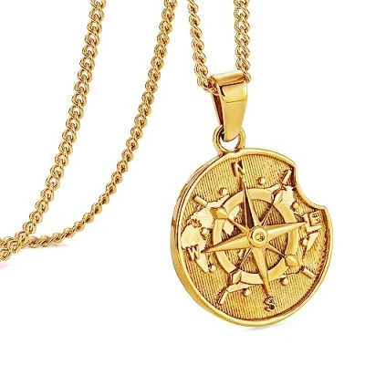 Afbeelding van murtoo Gouden ketting voor heren, zilveren kompasketting, Roestvrij stalen ketting, hanger, cadeau 60 cm, staal, staal