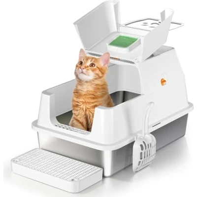 Afbeelding van kattenbak van roestvrij staal met rand, 180 graden klapdeksel, metalen voor middelgrote en grote katten, gemakkelijk te reinigen, geurbestrijding, wit