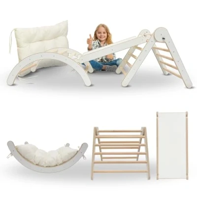 Afbeelding van MAMOI® Klimframe binnen, klimdriehoek met houten glijbaan voor baby&#039;s en kinderen, klimplank, klimglijbaan kinderen