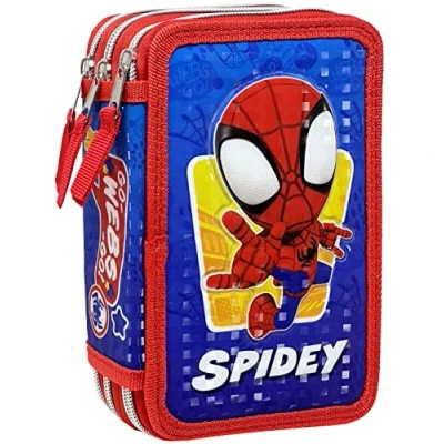 Afbeelding van Clondo Etui met 3 vakken, 3D kinderen, jongens en meisjes, drievoudige vulling, 44 accessoires voor school, jongens, ritssluitingen, 20 cm, viltstiften, potloden, schrijfwaren, Spidey, Pennenetui