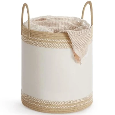 Afbeelding van SONGMICS Wasmand, mand 60 l, opslag met deksel, katoenen touw, handvat, trekkoord, voor kleding, dekens, woonkamer, slaapkamer, 41 x 46 cm, camel bruin RLH060K01