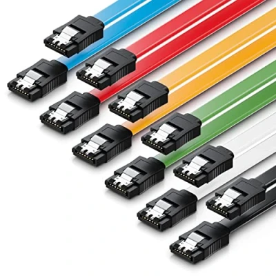 Afbeelding van deleyCON 6 x 50 cm SATA kabelset 3 datakabels III HDD SSD verbindingskabel metalen clip GBit/s 2 rechte stekker type L kleurrijk