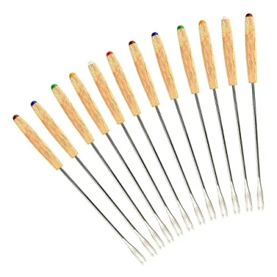 Afbeelding van GuDoQi Set van 12 fonduevorken roestvrij staal Hittebestendig houten handvat Kaasvorken voor fruit, chocolade, fondue, gebraden (24 cm)