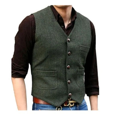Afbeelding van Solovedress Klassiek vintage wollen herenvest regular fit kostuumvest voor bruiloft, Leger Groen