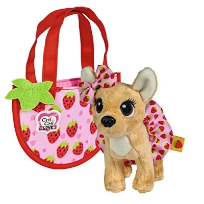 Afbeelding van ChiChi Love Little Berry pluche hond met aardbeienstrik en rok, in schattige tas, 15 cm, vanaf 3 jaar