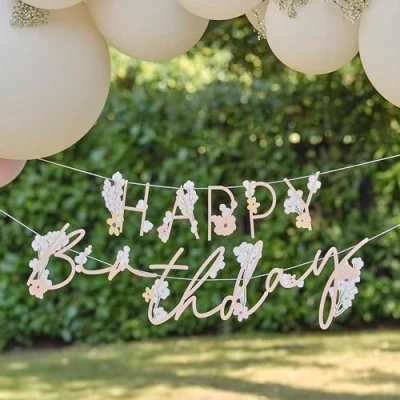 Afbeelding van Ginger Ray Roze letterslinger bloemen happy birthday 1,5 meter