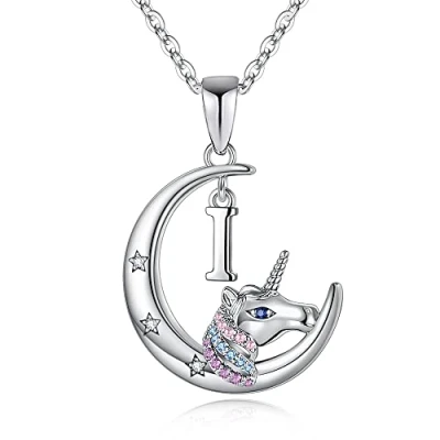 Afbeelding van TINGN eenhoorn halsketting voor meisjes, hanger maan, witgoud, 14 K, eenhoornkettingen kleurrijk, CZ halsketting, eenhoorn, sieraden, geschenken meisjes en vrouwen, Witgoud