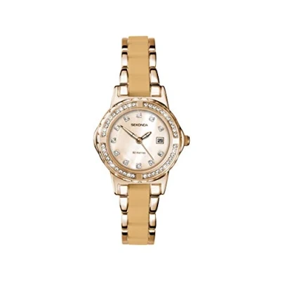 Afbeelding van Sekonda Dames analoog quartz horloge met 29mm stenen set geval, witte parelmoer wijzerplaat en legering band plastic middenschakels, rose gouden band/roze wijzerplaat, armband,, rosé