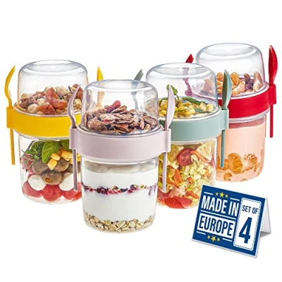 Afbeelding van CRYSTALIA Take and Go Yoghurt Pot Set 4 BPA vrije yoghurtpot met lepel en vork, nachtelijke haver, vaatwasmachinebestendig, ontbijt om te gaan Muesli To Fruit Salade Cups deksels Ontbijtpot Pap Container