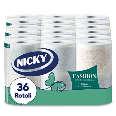 Afbeelding van Nicky Fashion 4 laags toiletpapier, 36 maxi rollen, 165 scheuren, duurzaam en zacht op de huid, met talkgeur, gemaakt in Italië