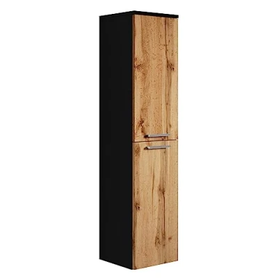 Afbeelding van Badplaats Badkamerkast Saturnus 35 x 130 cm Eiken met Zwart Hangende Kolomkast Twee Deuren