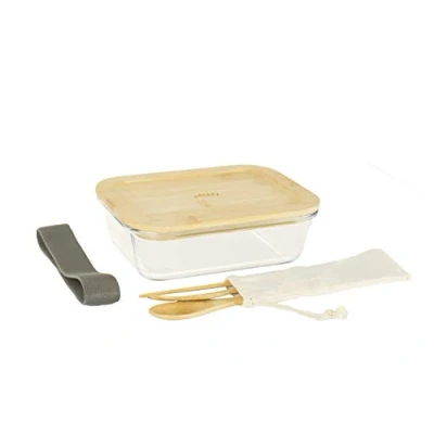 Afbeelding van Pebbly Glass Lunch Box 1 L With Bamboo Lid And 3 pc Cuttlery Set In A Cotton Pouch