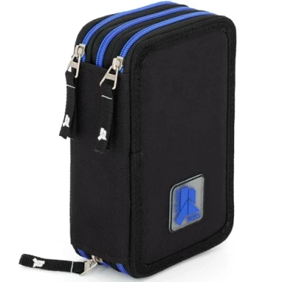 Afbeelding van Julian Ross drievoudig gevoerd etui, 44 schoolaccessoires, 20 cm, zwart en blauw., pennenhouder